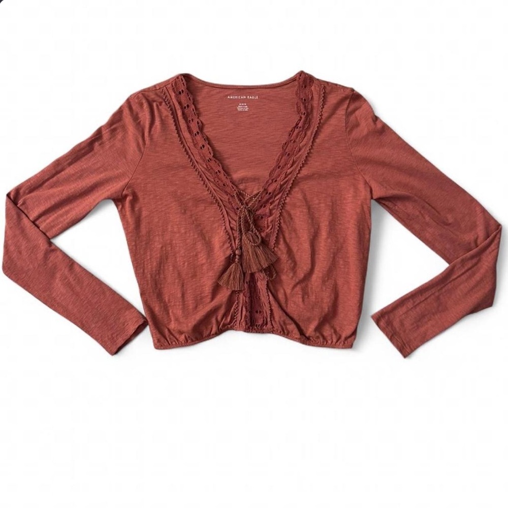 American Eagle Rust Tie Front Lace Trim Top M Boho Long Sleeve Crop Tee Earthy
